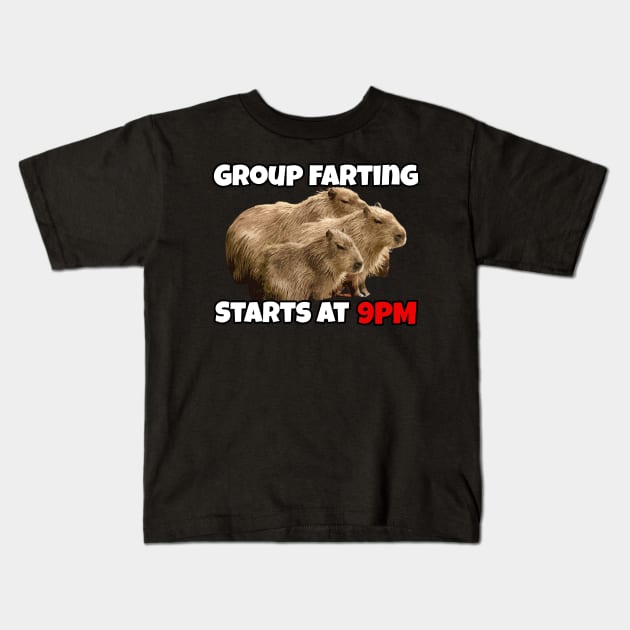 Group Farting Starts at 9PM - Funny Capybara Capy Meme Kids T-Shirt by TheMemeCrafts